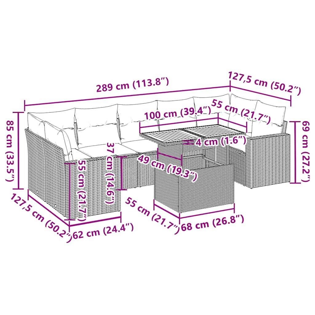 vidaXL 8-tlg. Garten-Sofagarnitur mit Kissen Schwarz Poly Rattan