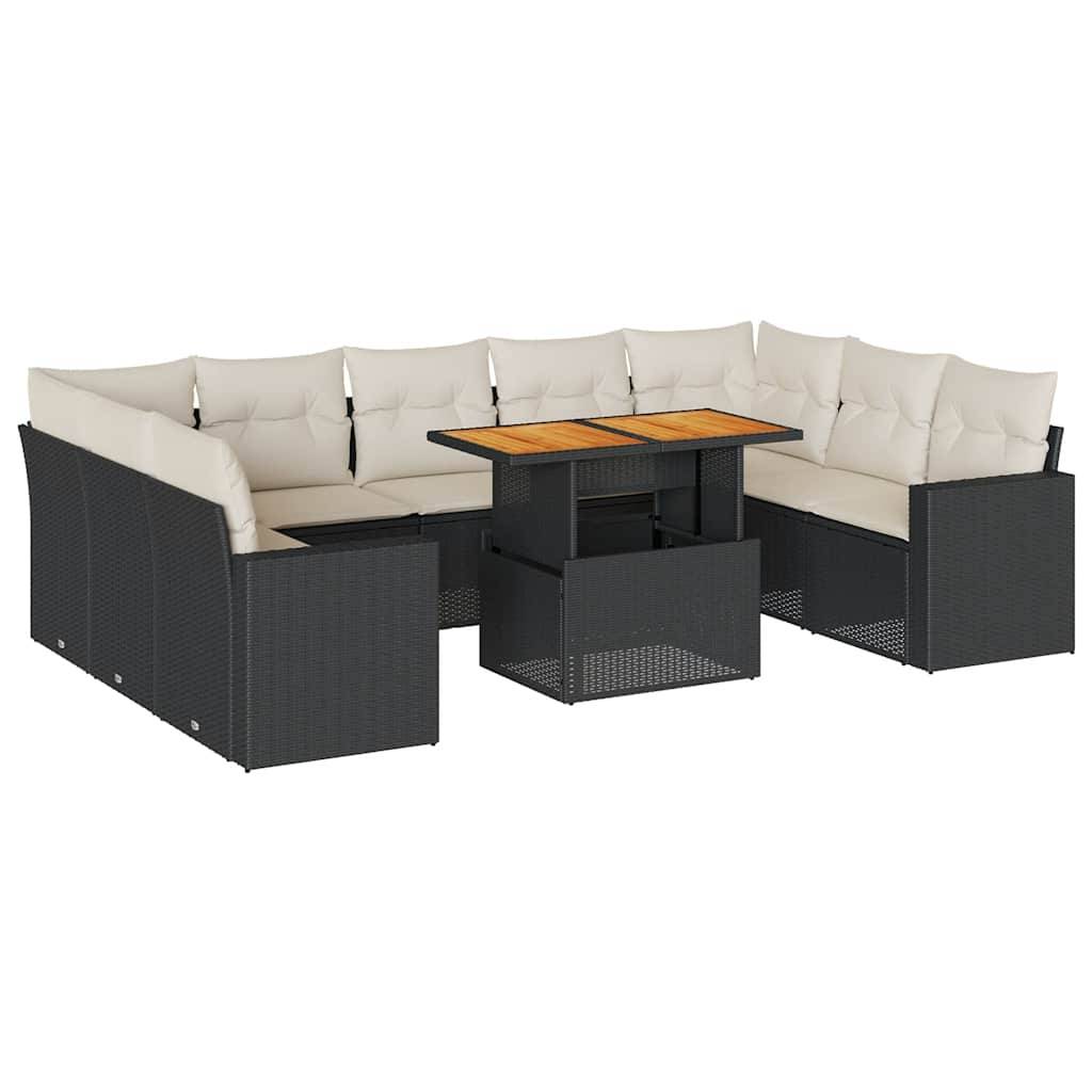 vidaXL 10-tlg. Garten-Sofagarnitur mit Kissen Schwarz Poly Rattan