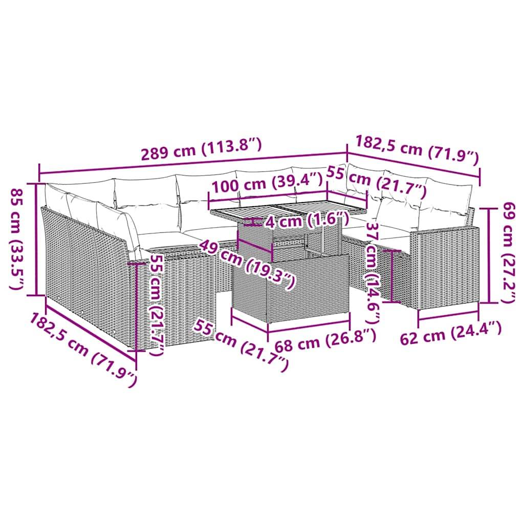 vidaXL 10-tlg. Garten-Sofagarnitur mit Kissen Schwarz Poly Rattan