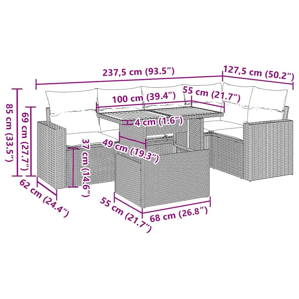 vidaXL 6-tlg. Garten-Sofagarnitur mit Kissen Schwarz Poly Rattan