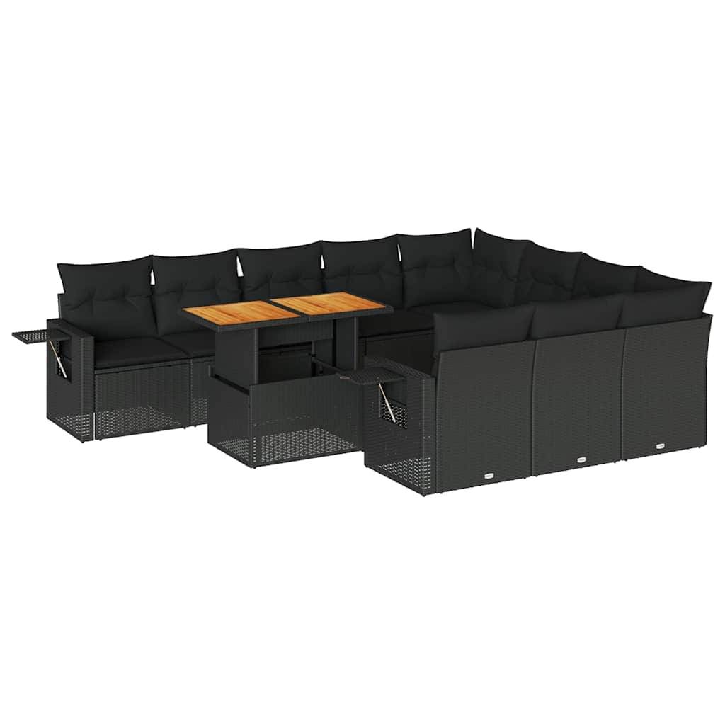 vidaXL 11-tlg. Garten-Sofagarnitur mit Kissen Schwarz Poly Rattan