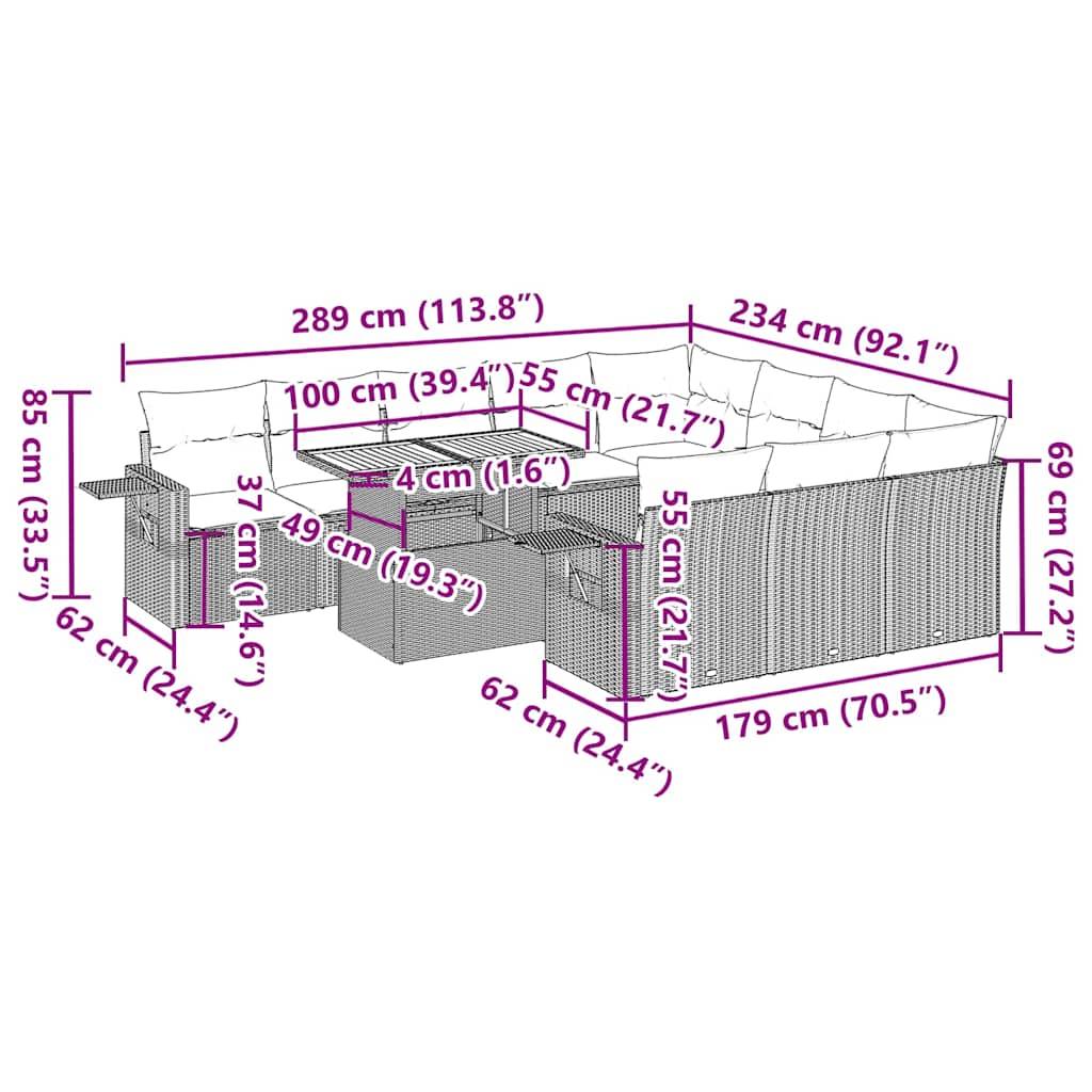 vidaXL 11-tlg. Garten-Sofagarnitur mit Kissen Grau Poly Rattan