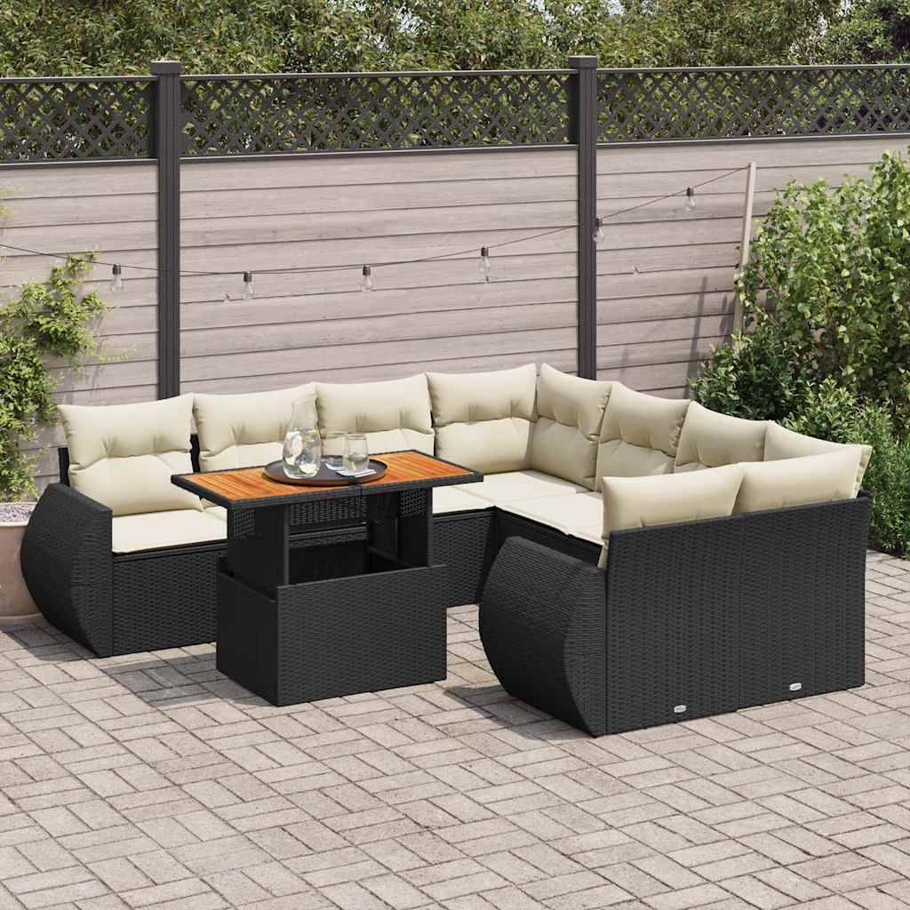 vidaXL 9-tlg. Garten-Sofagarnitur mit Kissen Schwarz Poly Rattan