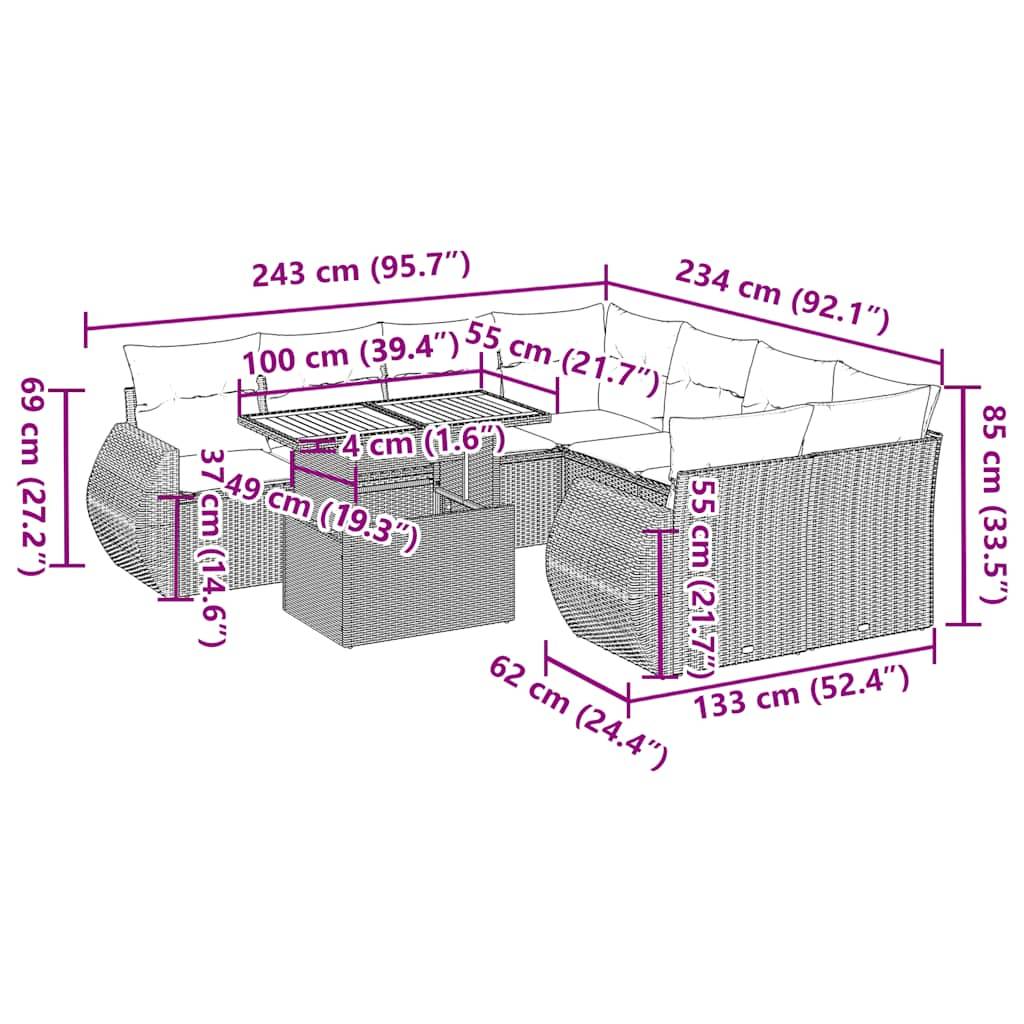 vidaXL 9-tlg. Garten-Sofagarnitur mit Kissen Schwarz Poly Rattan