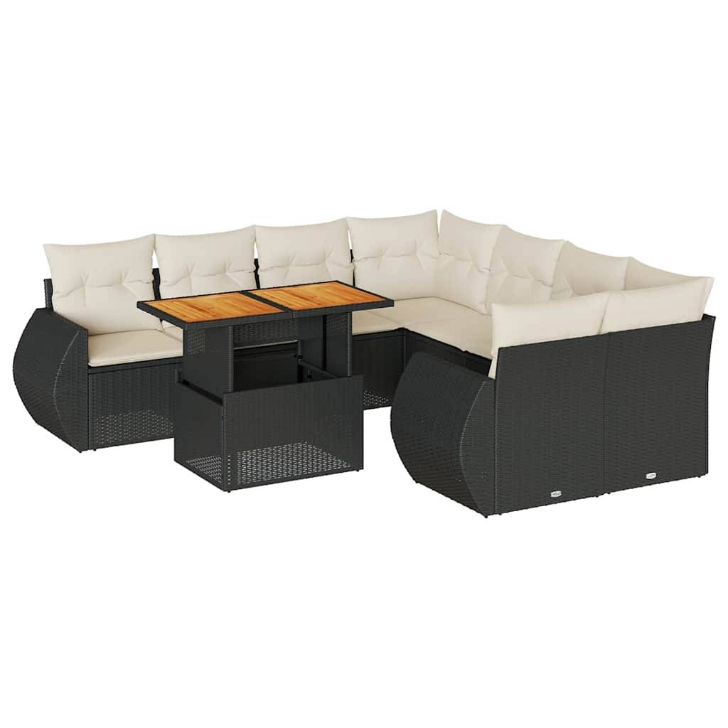 vidaXL 9-tlg. Garten-Sofagarnitur mit Kissen Schwarz Poly Rattan