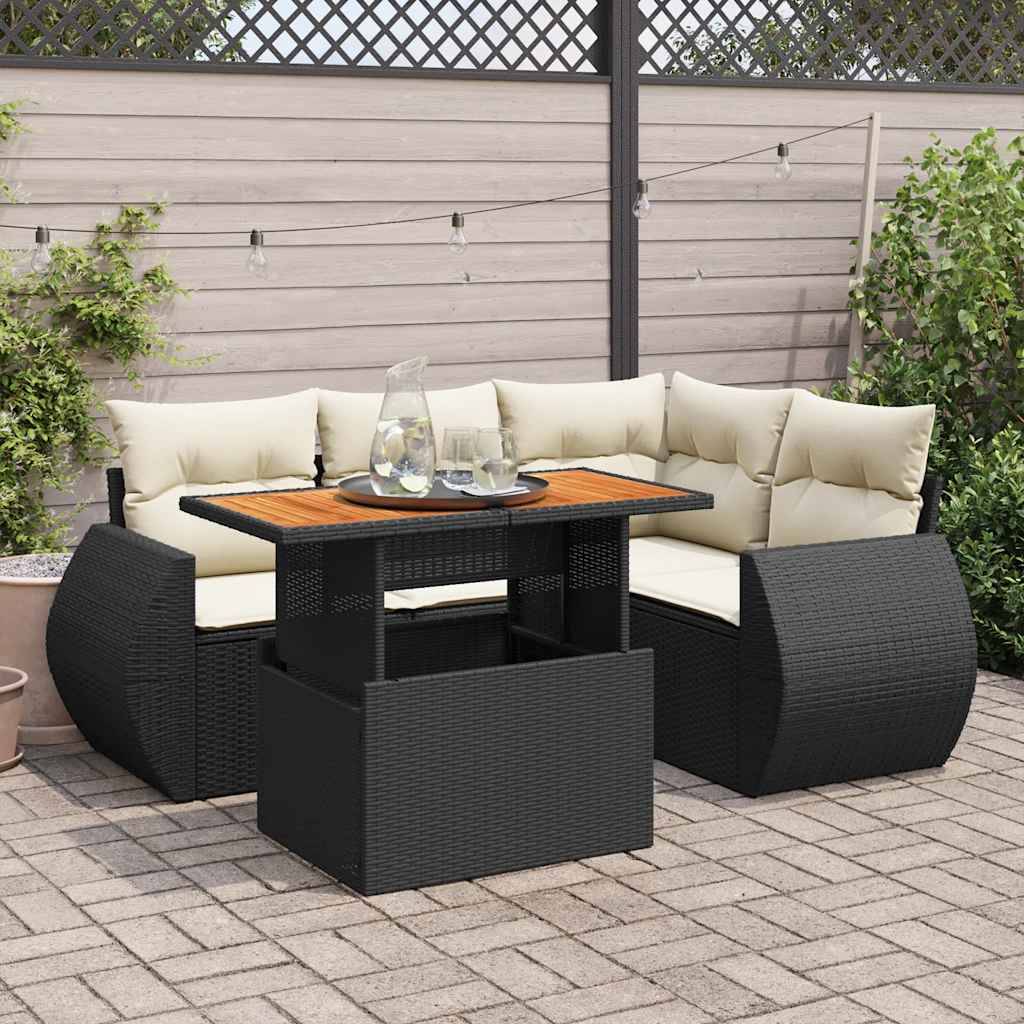 vidaXL 5-tlg. Garten-Sofagarnitur mit Kissen Schwarz Poly Rattan
