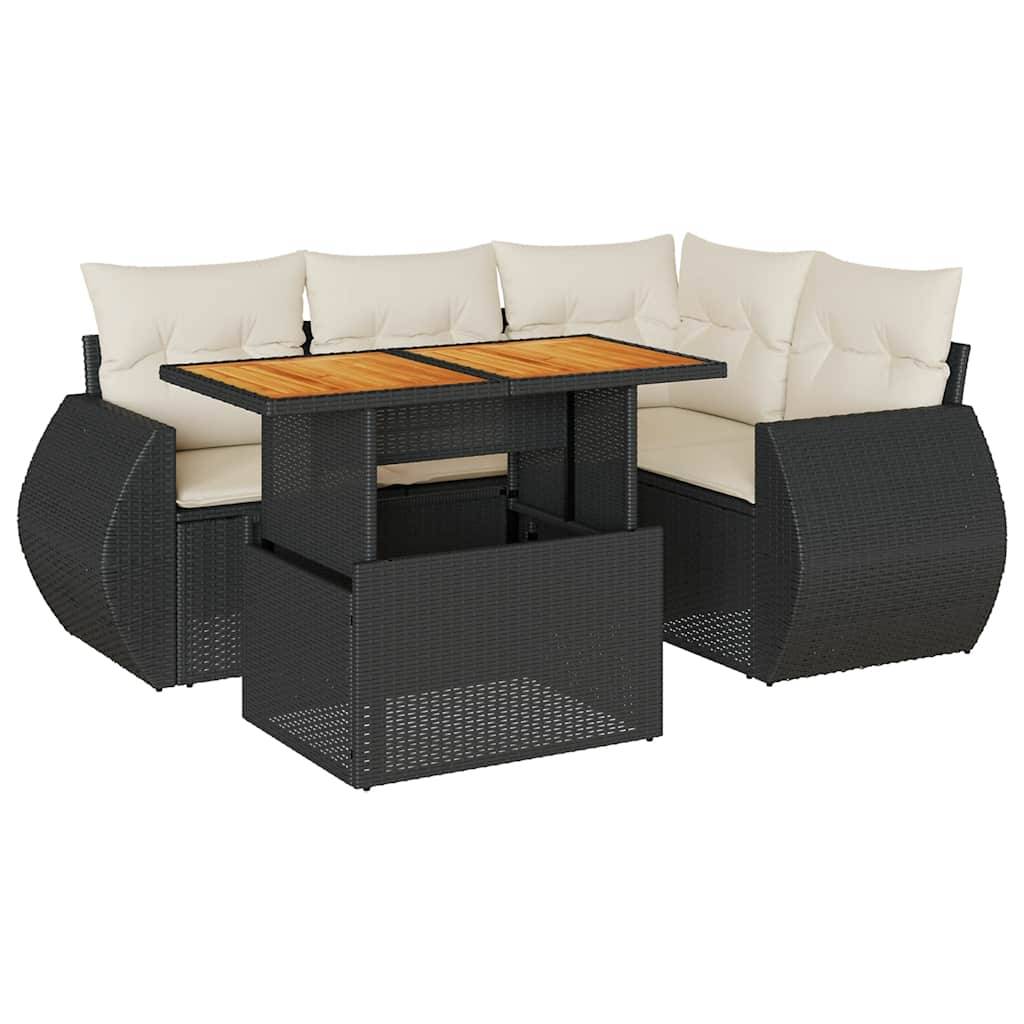 vidaXL 5-tlg. Garten-Sofagarnitur mit Kissen Schwarz Poly Rattan