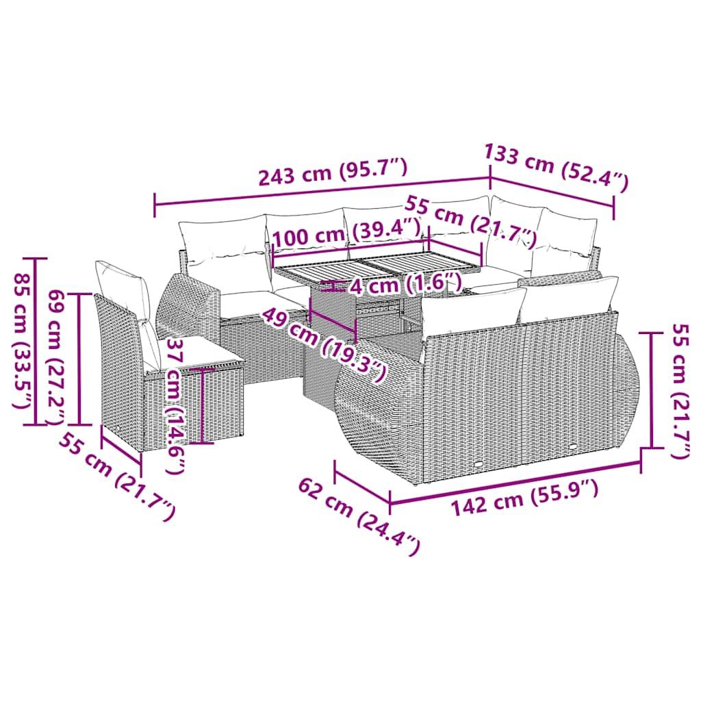 vidaXL 9-tlg. Garten-Sofagarnitur mit Kissen Schwarz Poly Rattan