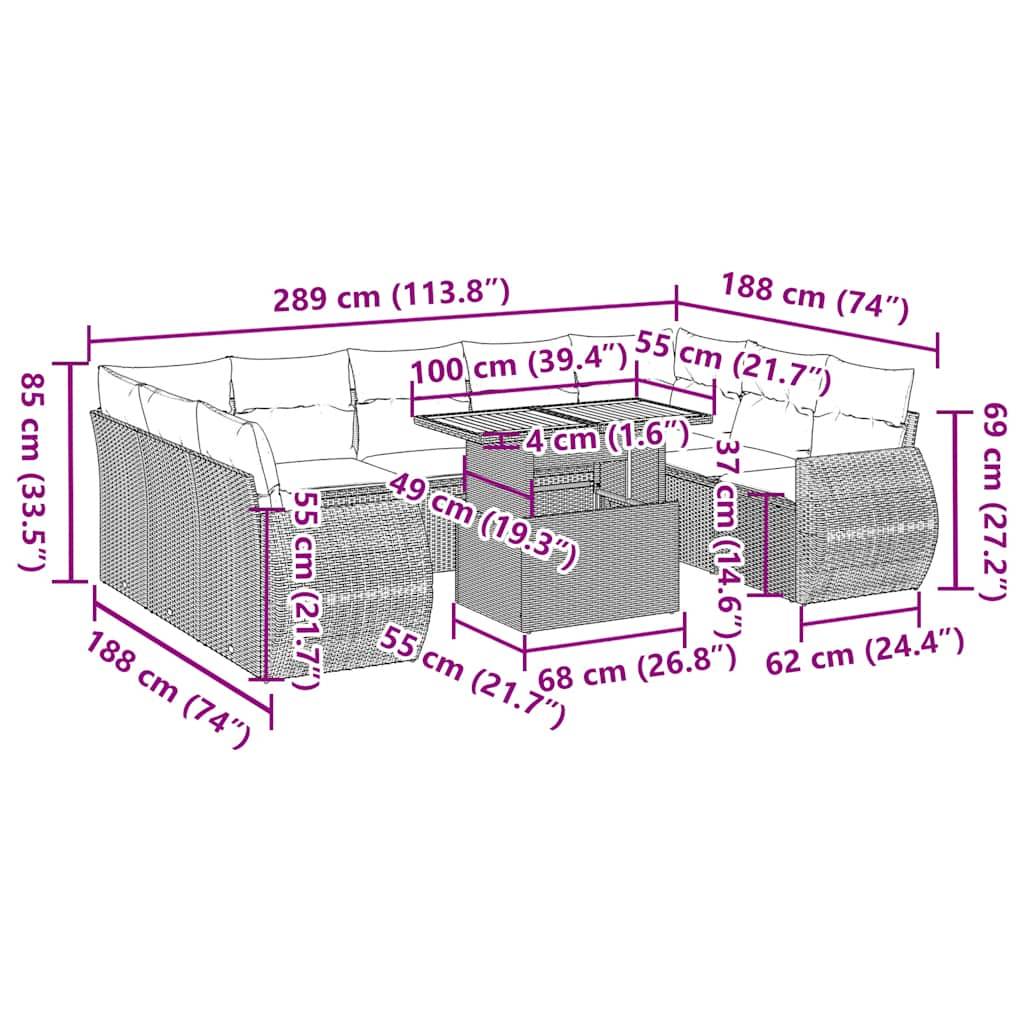 vidaXL 10-tlg. Garten-Sofagarnitur mit Kissen Schwarz Poly Rattan
