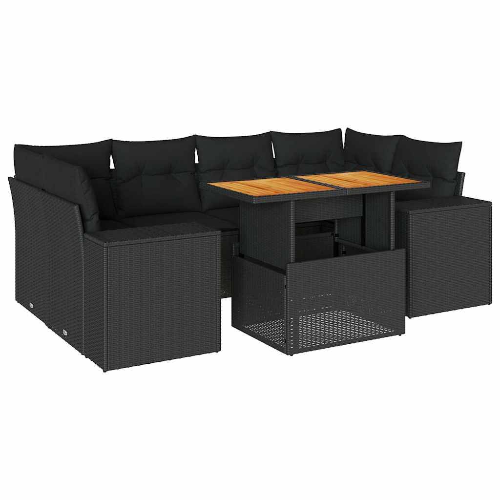 vidaXL 7-tlg. Garten-Sofagarnitur mit Kissen Schwarz Poly Rattan