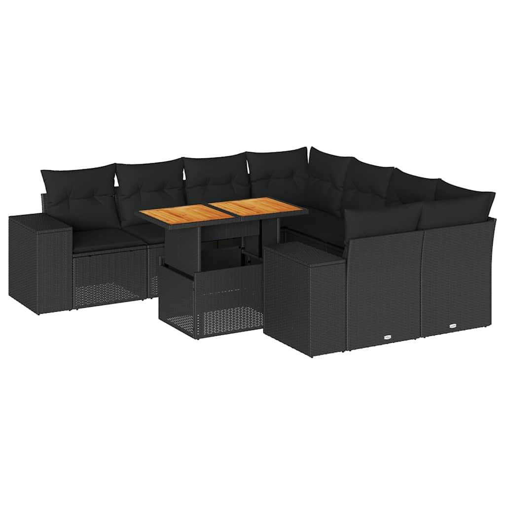 vidaXL 9-tlg. Garten-Sofagarnitur mit Kissen Schwarz Poly Rattan
