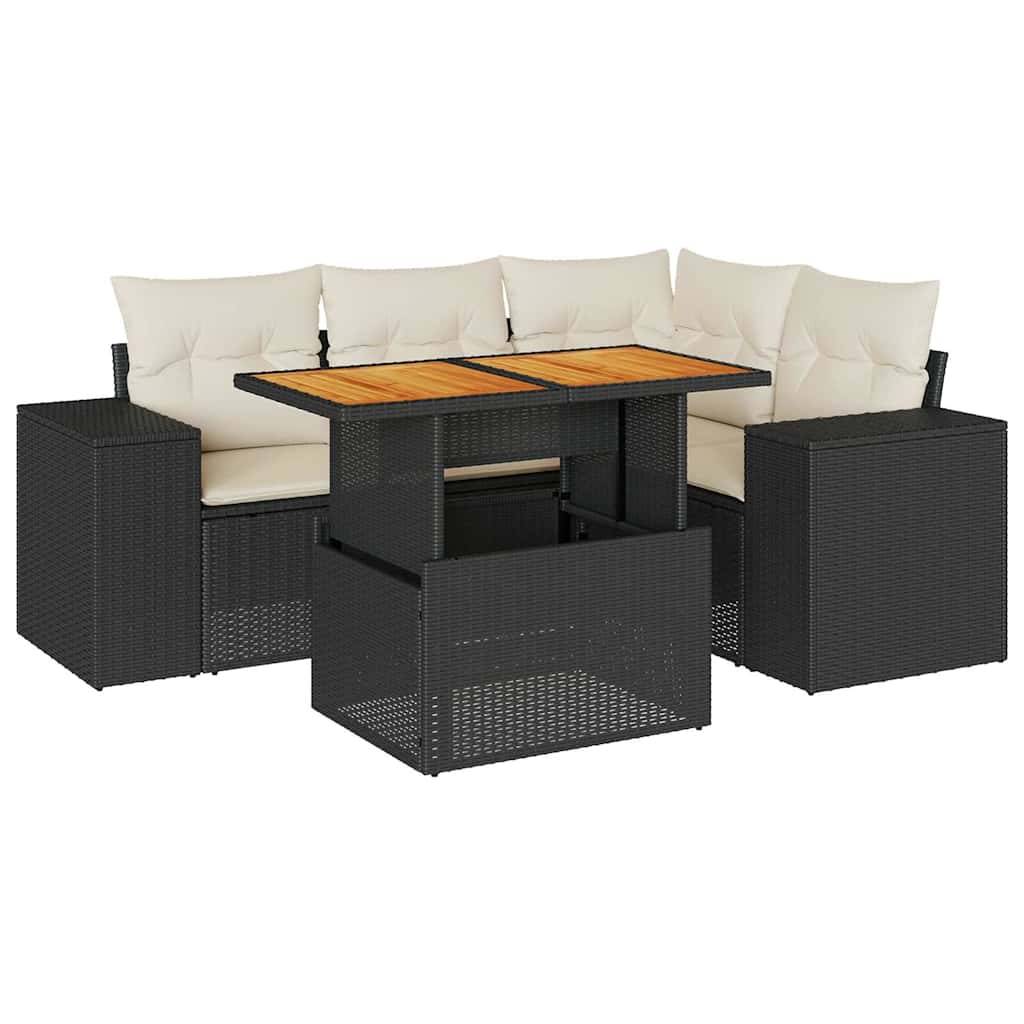 vidaXL 5-tlg. Garten-Sofagarnitur mit Kissen Schwarz Poly Rattan