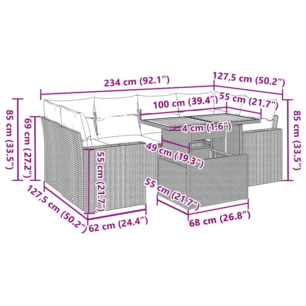vidaXL 7-tlg. Garten-Sofagarnitur mit Kissen Schwarz Poly Rattan