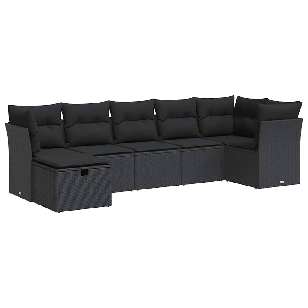 vidaXL 7-tlg. Garten-Sofagarnitur mit Kissen Schwarz Poly Rattan