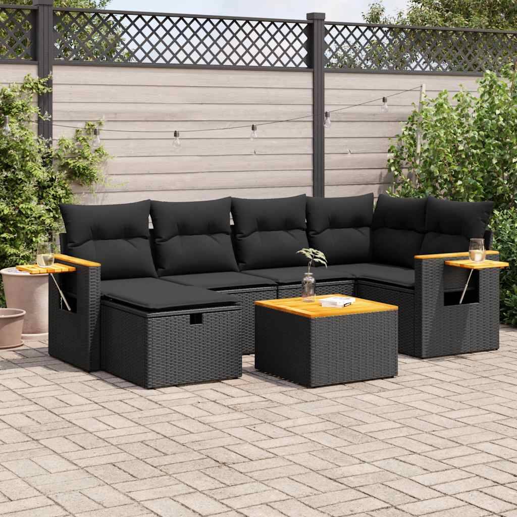 vidaXL 7-tlg. Garten-Sofagarnitur mit Kissen Schwarz Poly Rattan