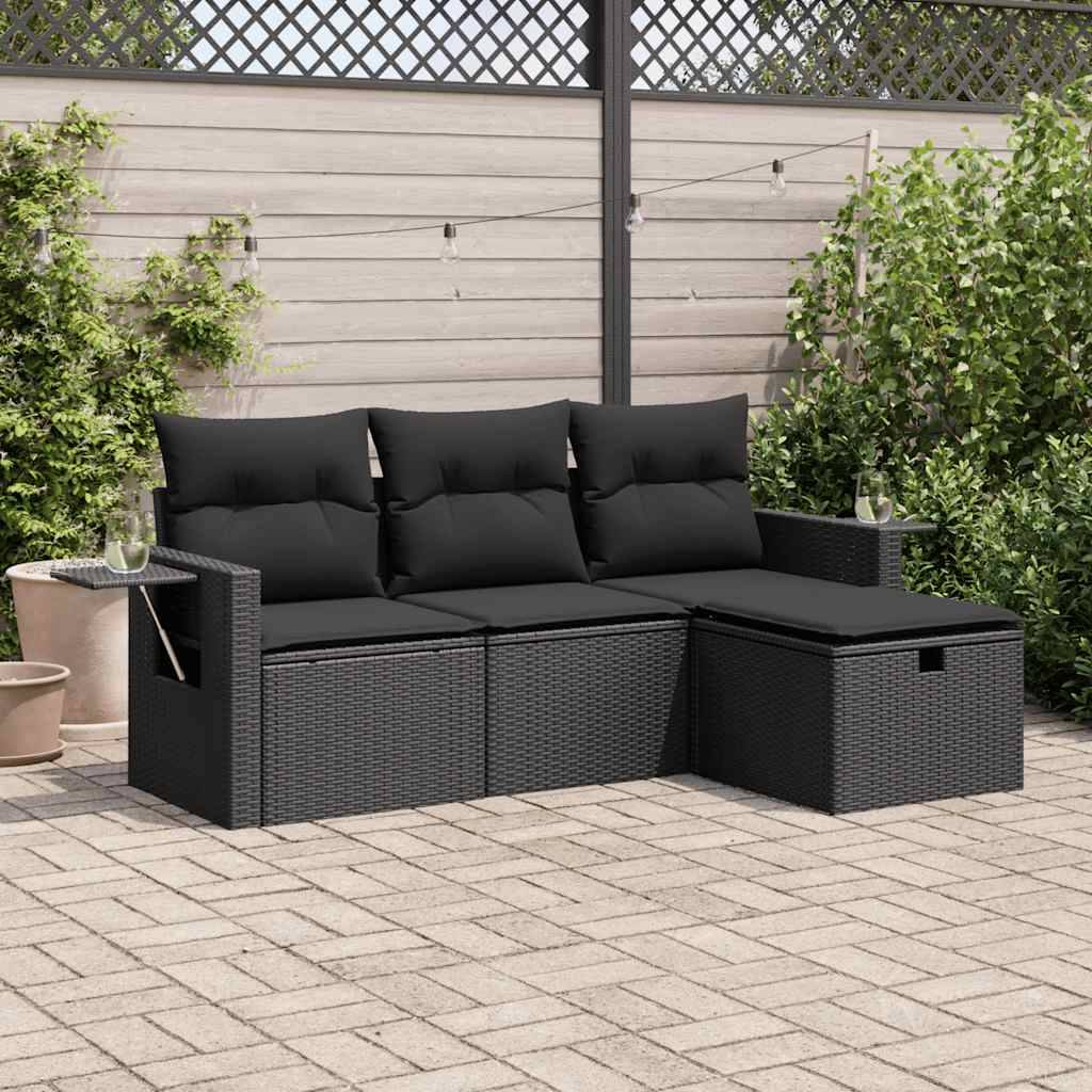 vidaXL 4-tlg. Garten-Sofagarnitur mit Kissen Schwarz Poly Rattan