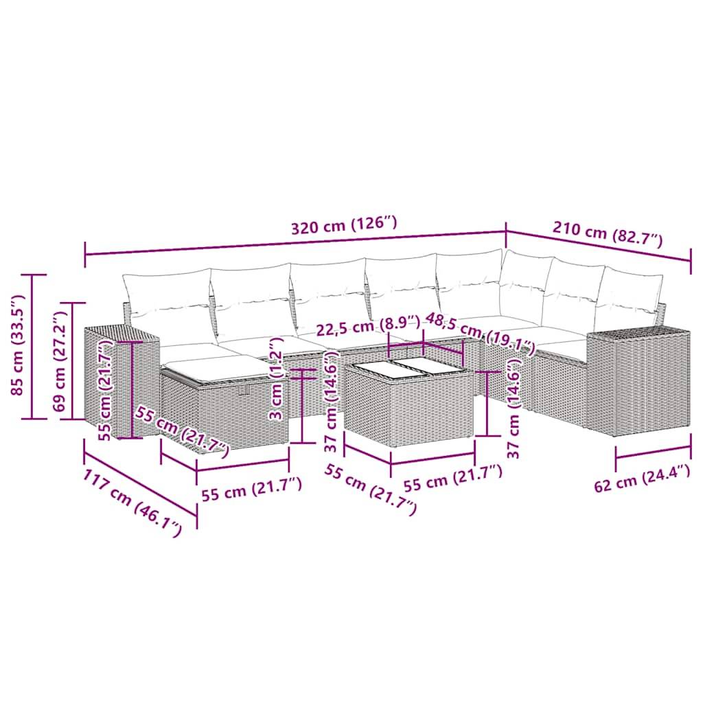 vidaXL 9-tlg. Garten-Sofagarnitur mit Kissen Schwarz Poly Rattan