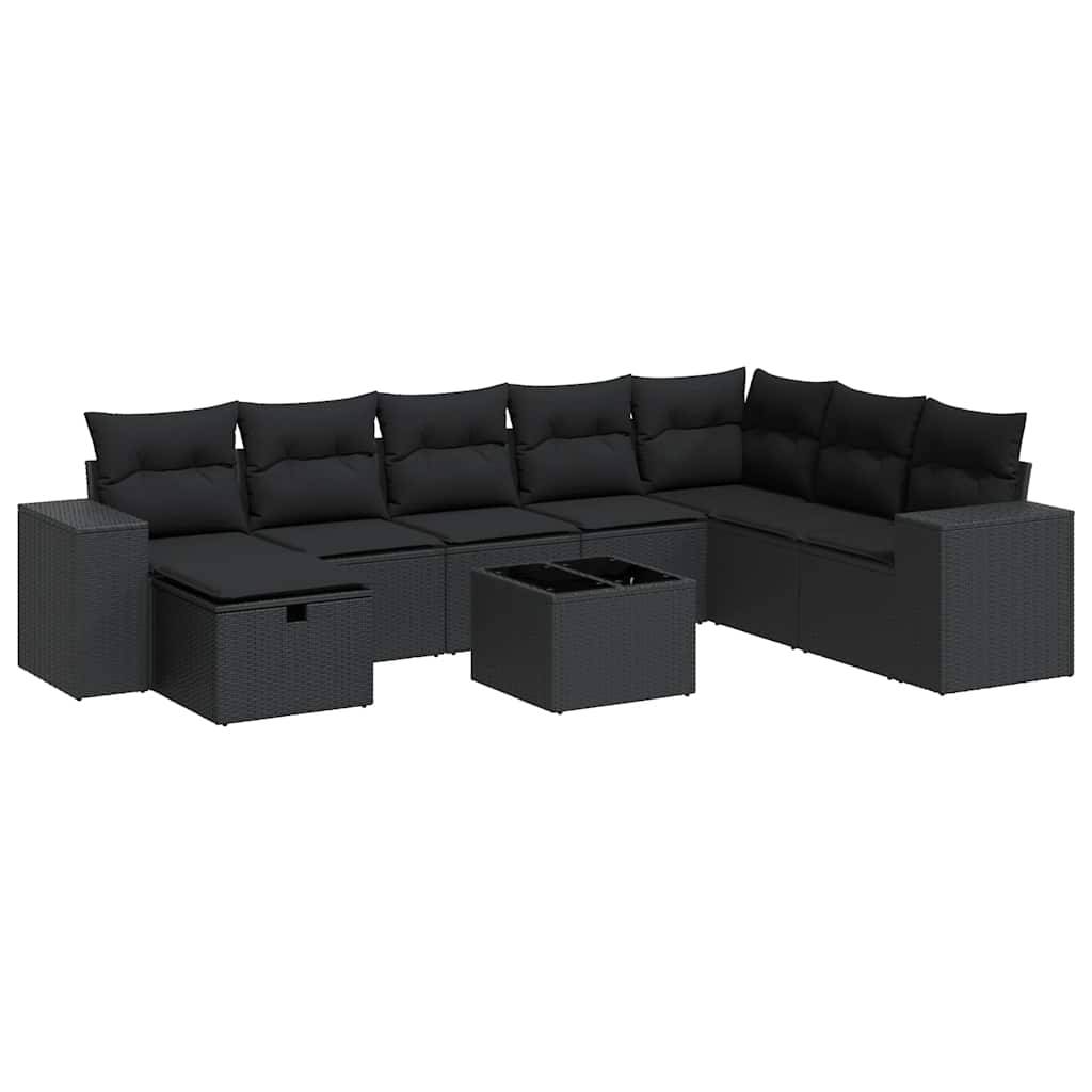 vidaXL 9-tlg. Garten-Sofagarnitur mit Kissen Schwarz Poly Rattan