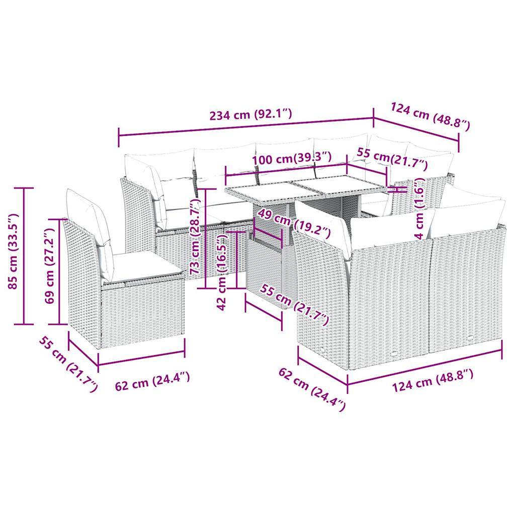 vidaXL 9-tlg. Garten-Sofagarnitur mit Kissen Grau Poly Rattan