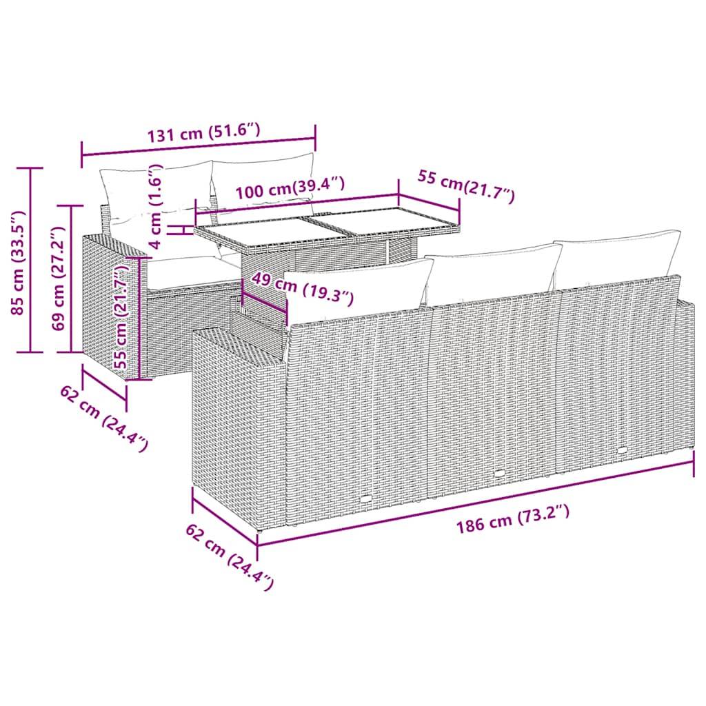 vidaXL 6-tlg. Garten-Sofagarnitur mit Kissen Schwarz Poly Rattan