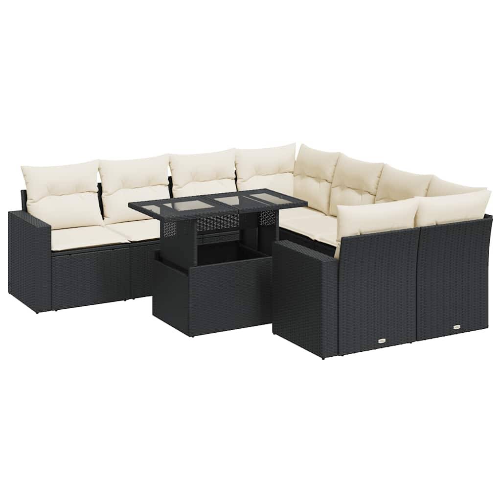 vidaXL 9-tlg. Garten-Sofagarnitur mit Kissen Schwarz Poly Rattan