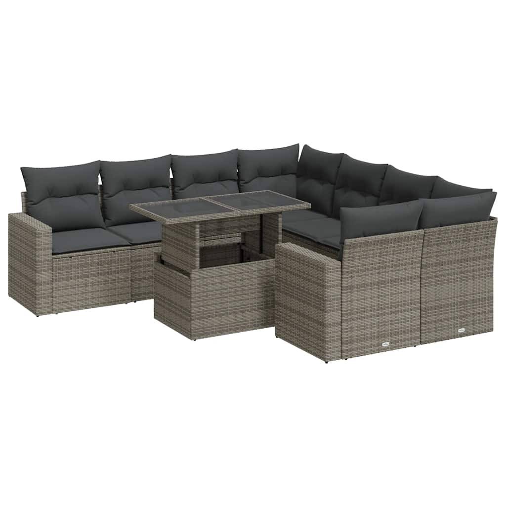 vidaXL 9-tlg. Garten-Sofagarnitur mit Kissen Grau Poly Rattan