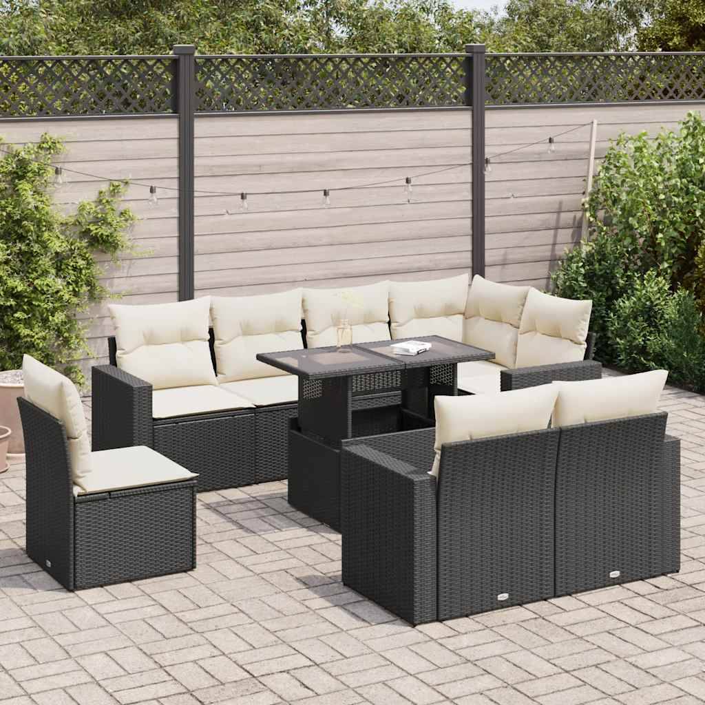 vidaXL 9-tlg. Garten-Sofagarnitur mit Kissen Schwarz Poly Rattan