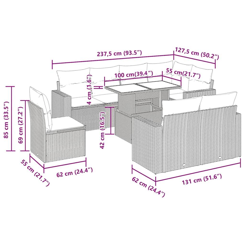 vidaXL 9-tlg. Garten-Sofagarnitur mit Kissen Schwarz Poly Rattan