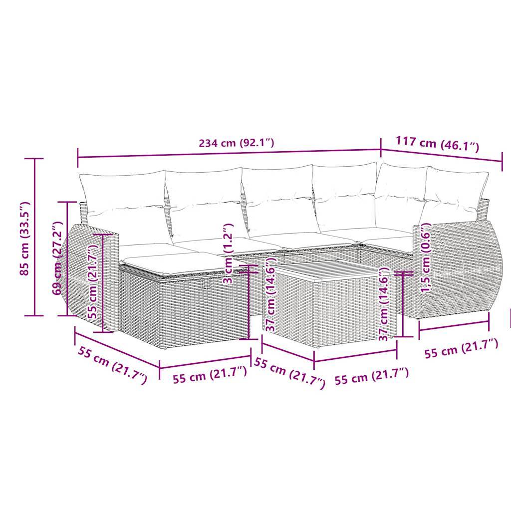 vidaXL 7-tlg. Garten-Sofagarnitur mit Kissen Grau Poly Rattan
