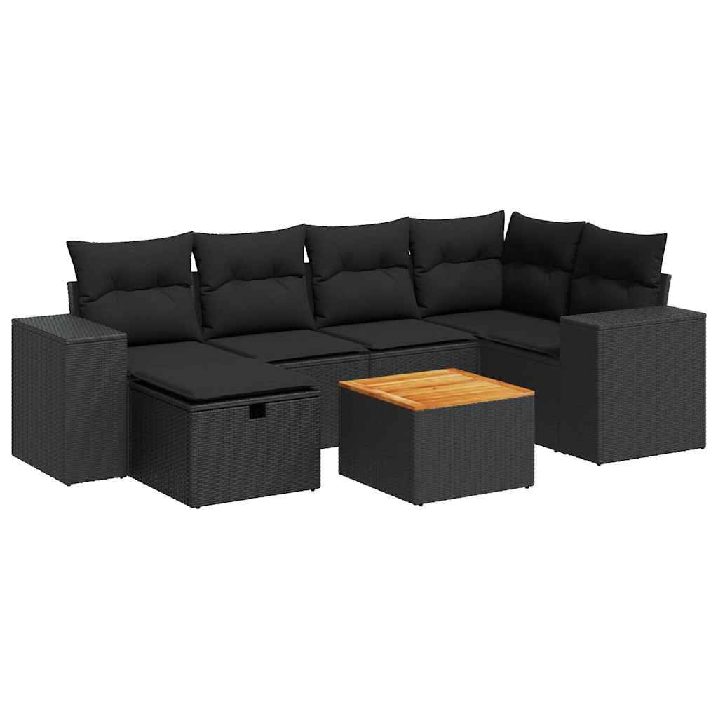 vidaXL 7-tlg. Garten-Sofagarnitur mit Kissen Schwarz Poly Rattan