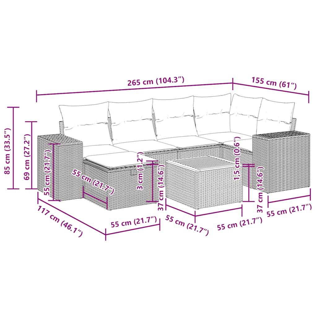 vidaXL 7-tlg. Garten-Sofagarnitur mit Kissen Grau Poly Rattan