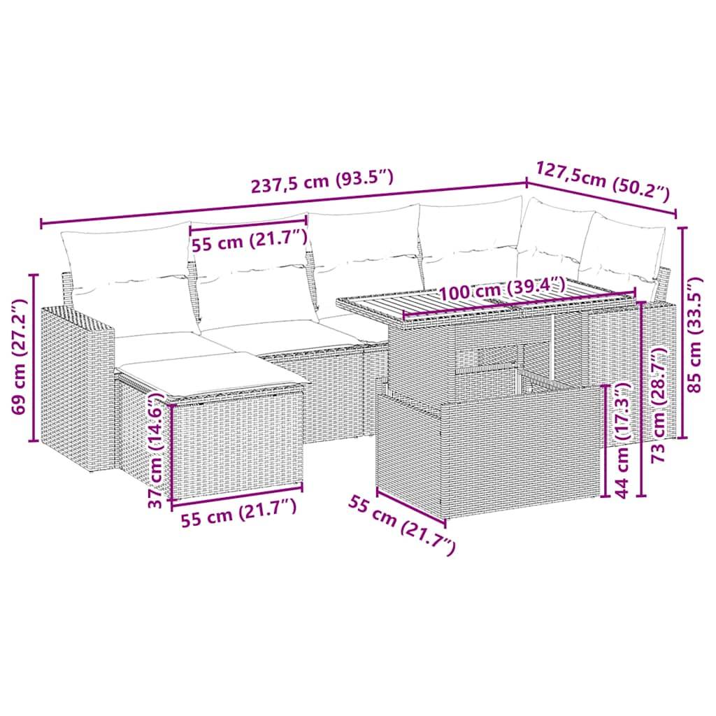 vidaXL 7-tlg. Garten-Sofagarnitur mit Kissen Beige Poly Rattan