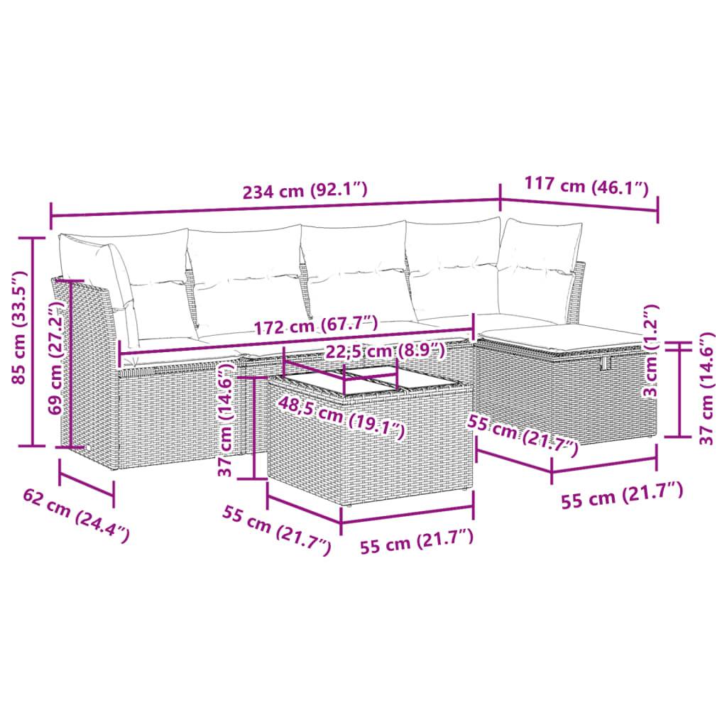 vidaXL 6-tlg. Garten-Sofagarnitur mit Kissen Grau Poly Rattan