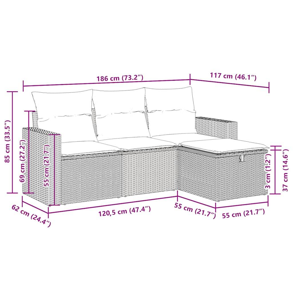 vidaXL 4-tlg. Garten-Sofagarnitur mit Kissen Schwarz Poly Rattan