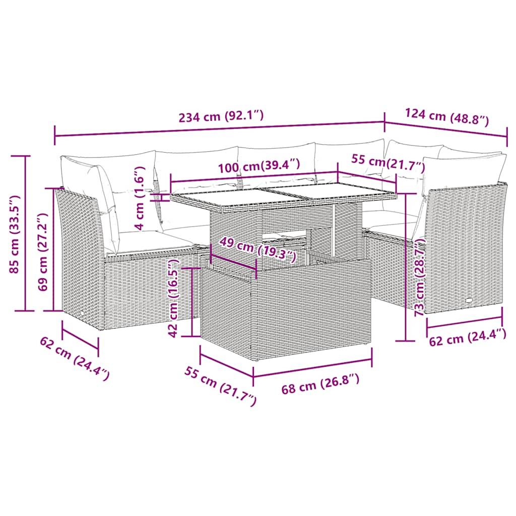 vidaXL 6-tlg. Garten-Sofagarnitur mit Kissen Beige Poly Rattan