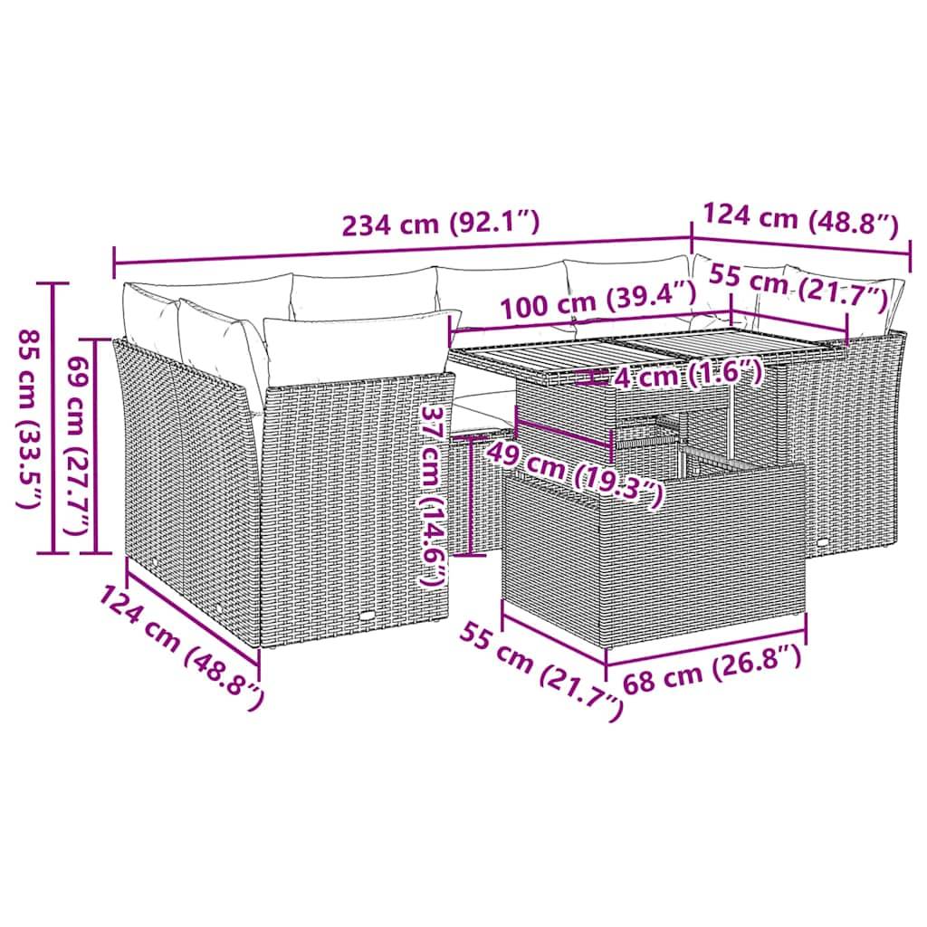 vidaXL 7-tlg. Garten-Sofagarnitur mit Kissen Grau Poly Rattan