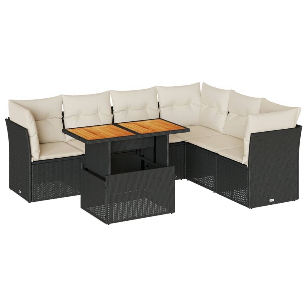 vidaXL 7-tlg. Garten-Sofagarnitur mit Kissen Schwarz Poly Rattan