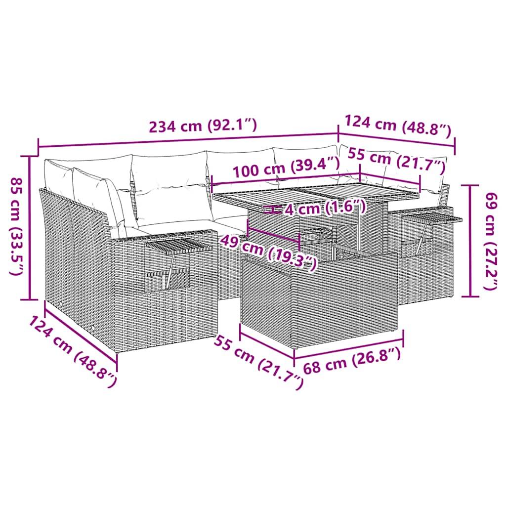 vidaXL 7-tlg. Garten-Sofagarnitur mit Kissen Schwarz Poly Rattan