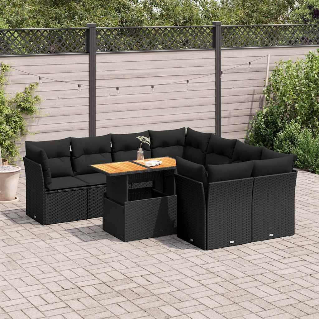 vidaXL 9-tlg. Garten-Sofagarnitur mit Kissen Schwarz Poly Rattan