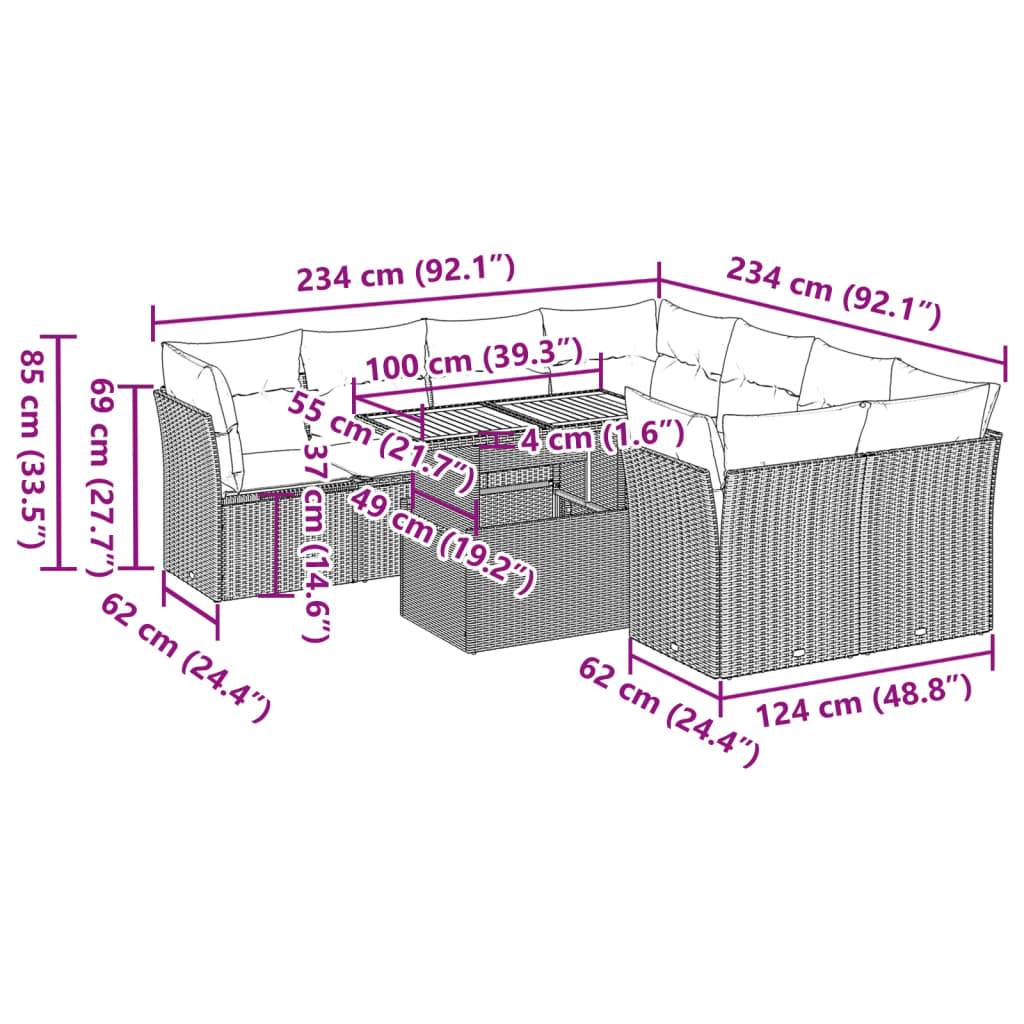 vidaXL 9-tlg. Garten-Sofagarnitur mit Kissen Schwarz Poly Rattan