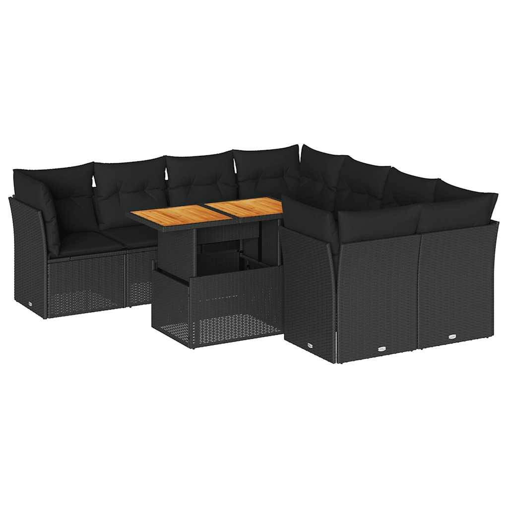 vidaXL 9-tlg. Garten-Sofagarnitur mit Kissen Schwarz Poly Rattan