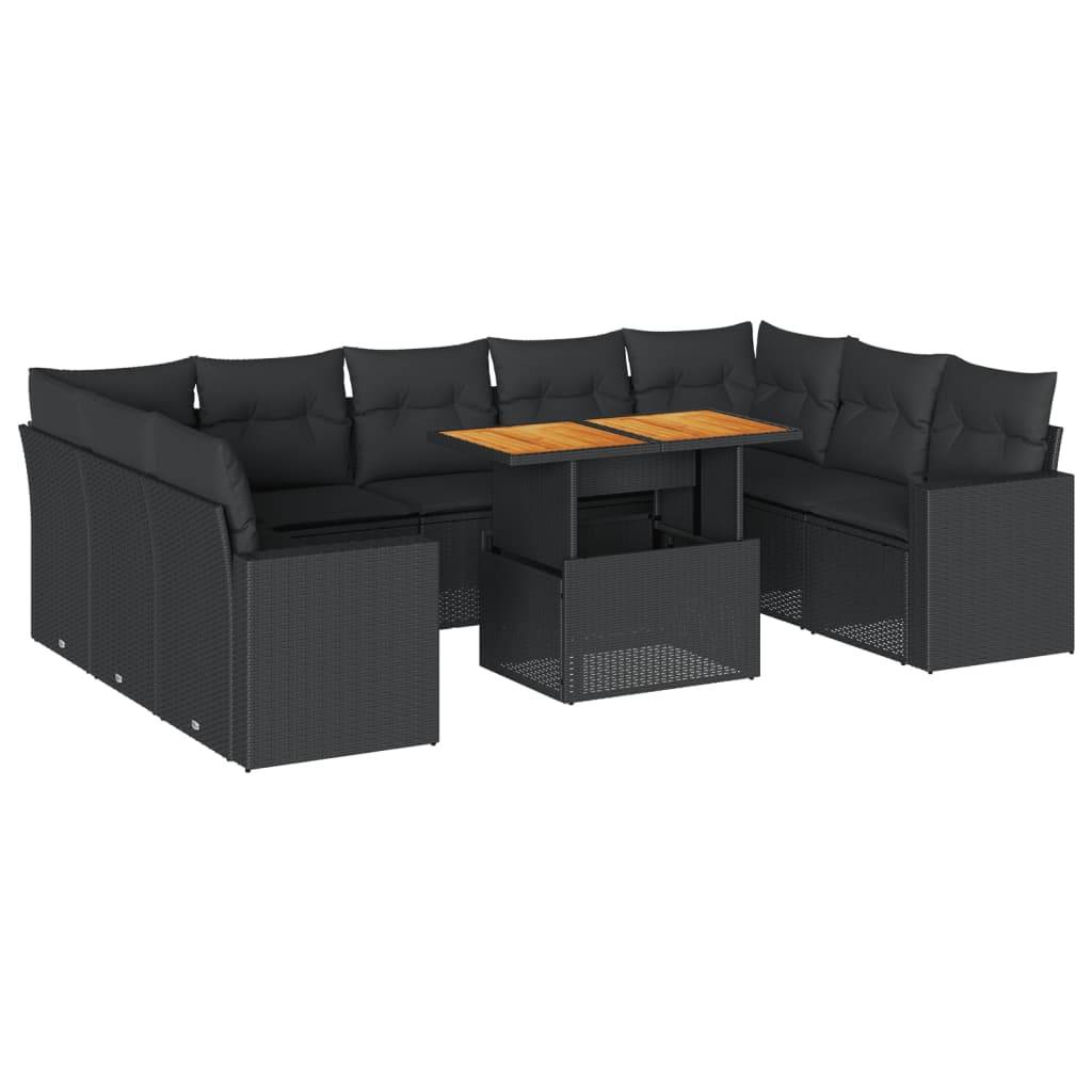 vidaXL 10-tlg. Garten-Sofagarnitur mit Kissen Schwarz Poly Rattan