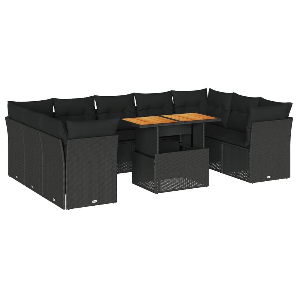 vidaXL 10-tlg. Garten-Sofagarnitur mit Kissen Schwarz Poly Rattan