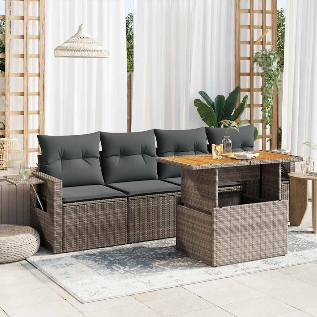 vidaXL 5-tlg. Garten-Sofagarnitur mit Kissen Grau Poly Rattan