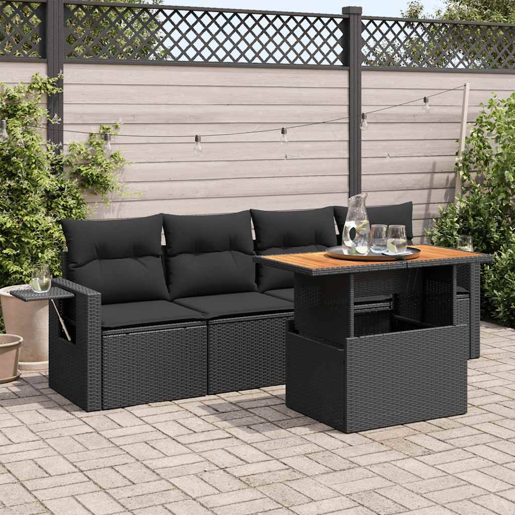 vidaXL 5-tlg. Garten-Sofagarnitur mit Kissen Schwarz Poly Rattan