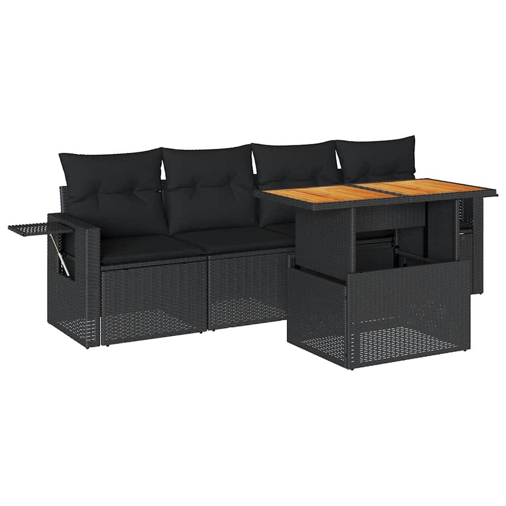 vidaXL 5-tlg. Garten-Sofagarnitur mit Kissen Schwarz Poly Rattan