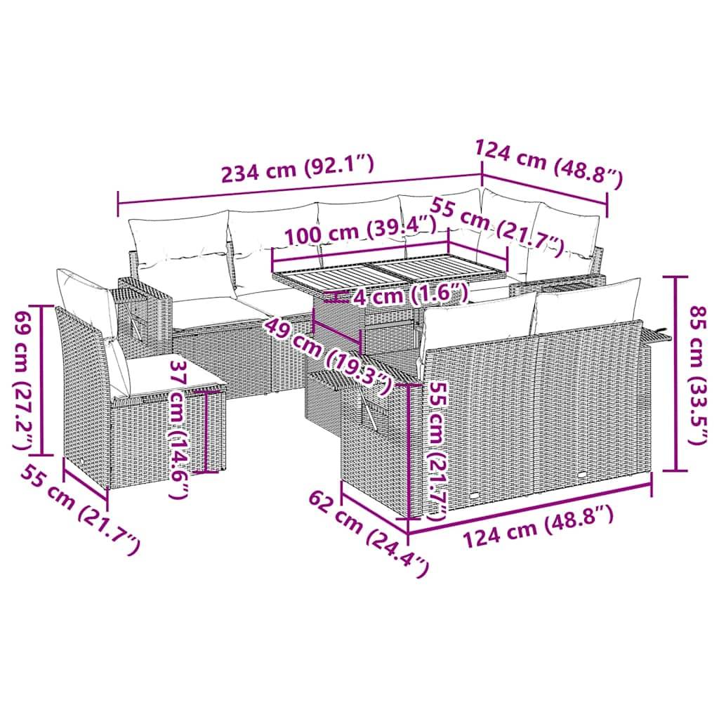 vidaXL 9-tlg. Garten-Sofagarnitur mit Kissen Grau Poly Rattan