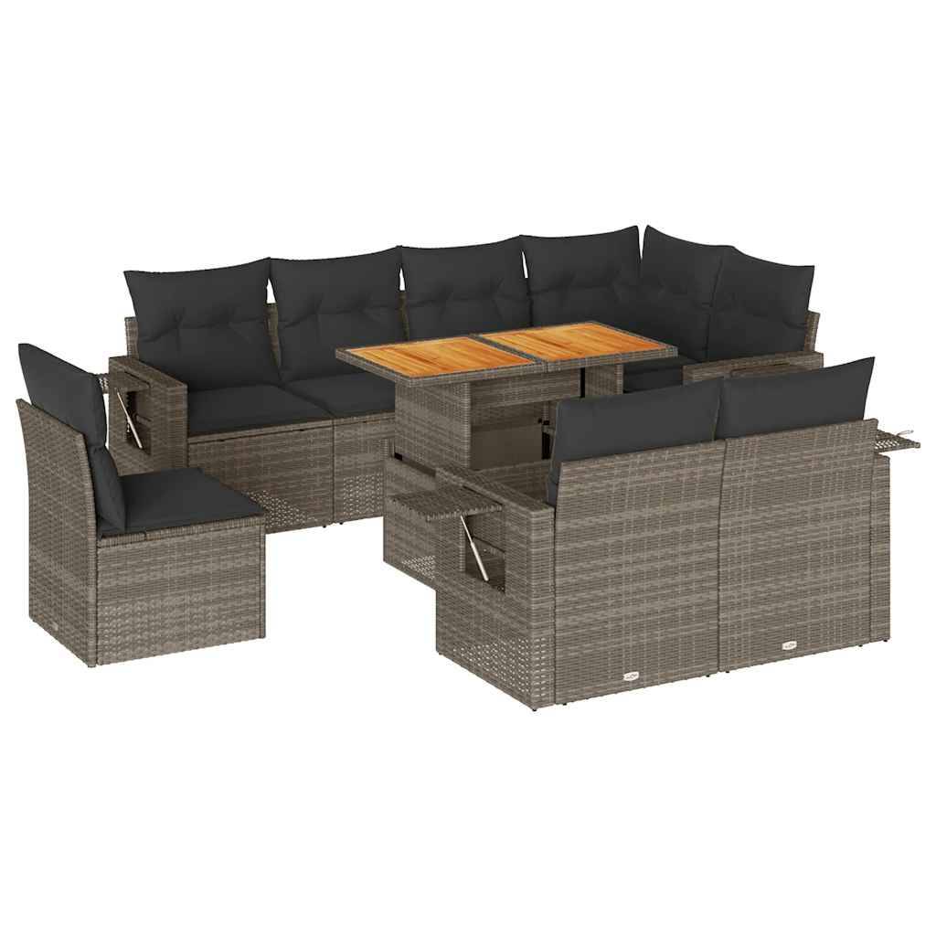 vidaXL 9-tlg. Garten-Sofagarnitur mit Kissen Grau Poly Rattan