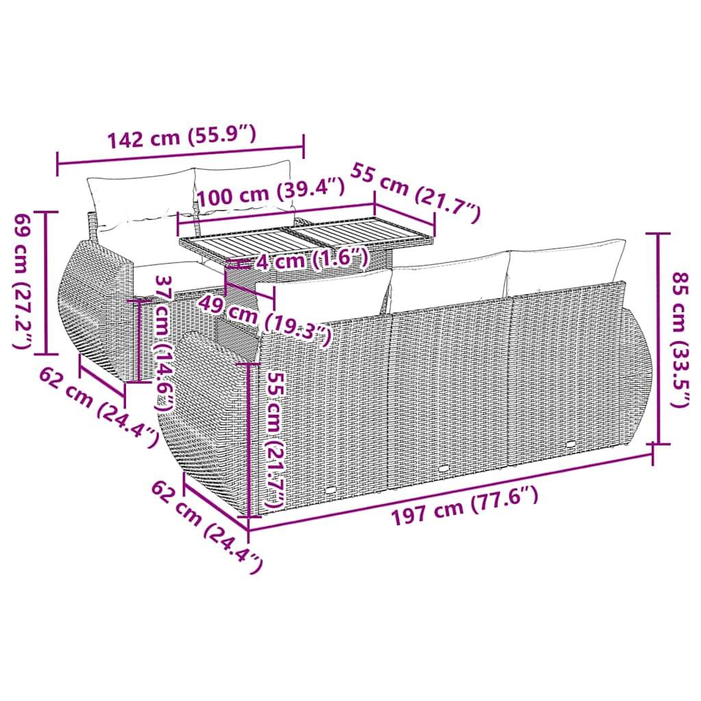vidaXL 6-tlg. Garten-Sofagarnitur mit Kissen Schwarz Poly Rattan