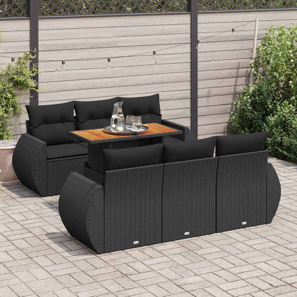 vidaXL 7-tlg. Garten-Sofagarnitur mit Kissen Schwarz Poly Rattan